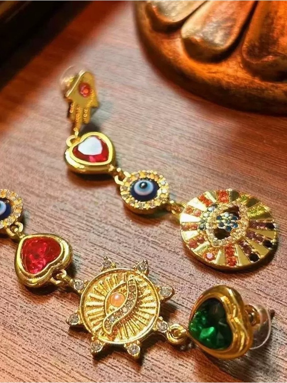 Gold-Tone Multi-Color Heart & Evil Eye Drop Earrings - Picture 2 of 2